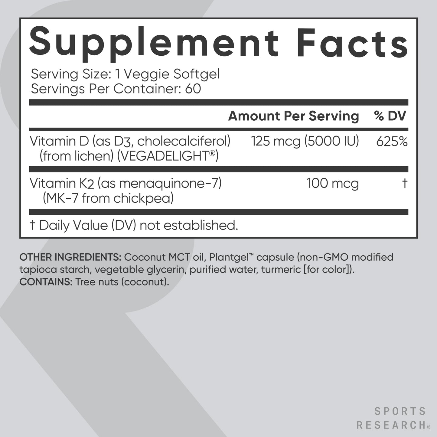 Sports Research Vitamin D3 K2, 5000 IU, 60 Vegan Softgels