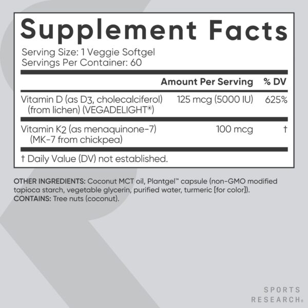 Sports Research Vitamin D3 K2, 5000 IU, 60 Vegan Softgels - Image 4