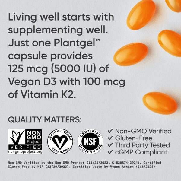 Sports Research Vitamin D3 K2, 5000 IU, 60 Vegan Softgels - Image 6